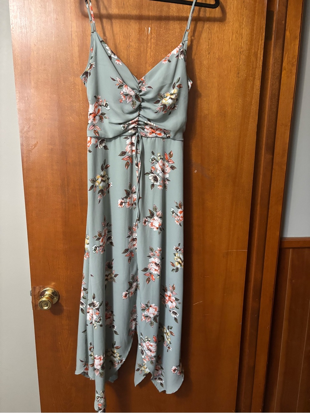 Three Hearts Sage Floral Strapless Maxi Dress with Pink, Orange & Yellow Flowers
